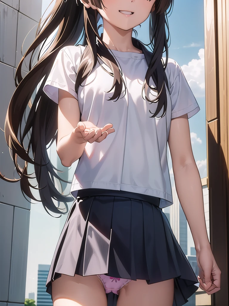 Okay, Saten Ruiko, Black Hair, blue eyes, Long Hair, hair ornaments, Floral decoration,
break セーラー服, blue skirt, pleated skirt, ((ミニskirt:1.5)), Seraphim, skirt, Summer clothes,
break outdoor, city, null, sun, cloud,
break looking at viewer, (Cowboy Shot:1.5),
break (masterpiece:1.2), Highest quality, High resolution, unity 8k wallpaper, (figure:0.8), (Beautiful attention to detail:1.6), Highly detailed face, Perfect lighting, Highly detailed CG, (Perfect hands, Perfect ), Angle from below, Dutch Angle, smile, 風でskirtが捲れる, ((Showing :1.3))