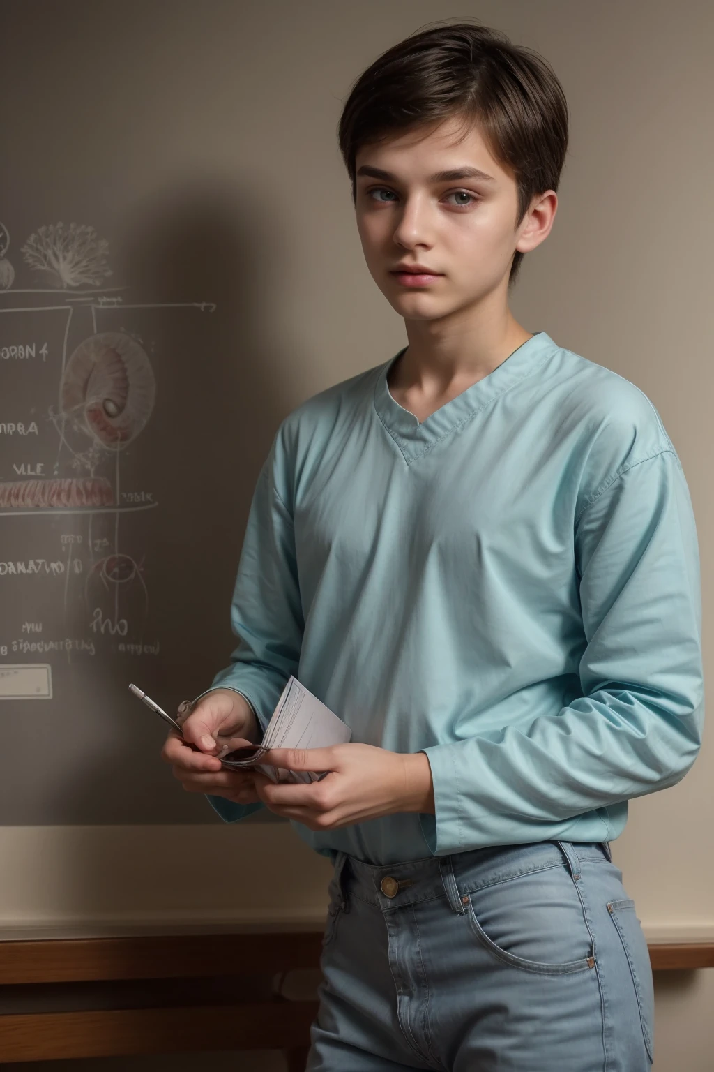 A young male twink, cute, beautiful, feminine, with a beautiful face with makeup, black hair, and his eyes have dark circles under them. He is wearing a long-sleeved aquamarine shirt and white jeans. He is in medical school, studying on a blackboard with brain anatomy written on it.
