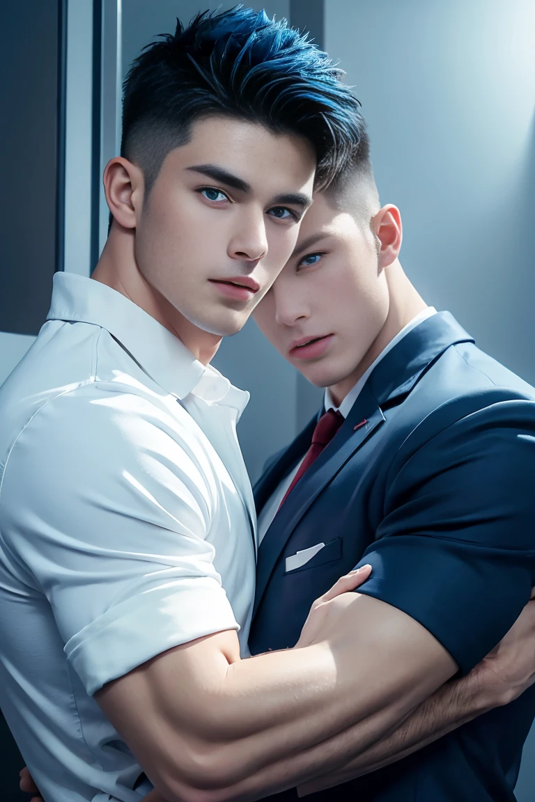 Ultra wide angle，((masterpiece)),((best quality)),8K,High Detail,Very detailed, (2 handsome muscular boys)，Very manly，blue eyes，Stylish short hair，Vivid male image, Fashion pose, masculine expression，Real skin texture, Perfect hand details，Light,
Royal blue style couple，White male model photos