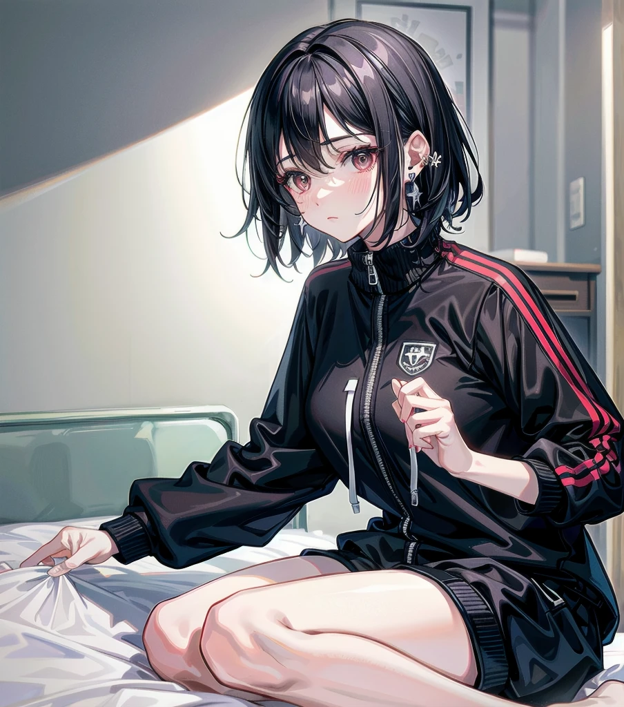 whole body, solo, alone, delicate facial features, medium tits, medium hair, black hair, tearful mole, earring, tracksuit, shorts, bed,