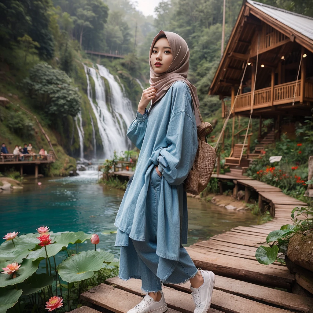 make an original photo of a beautiful young Malay woman with a clean and soft face,Wear long clothes ,casual pants ,Hijab , wearing sneakers ,standing pose /walking full body while holding the camera 📷,beautiful natural scenery background, river, waterfall , log cabin, bridge,river air bening ,there are green plants,flower ,red betel plant, Lotus , there is a swing ,flying bird, realistis HD high-quality photography, high focus, long shoot cinematic,32k. 