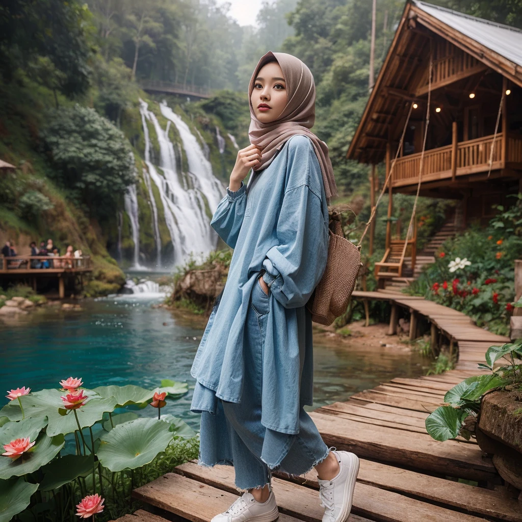 make an original photo of a beautiful young Malay woman with a clean and soft face,Wear long clothes ,casual pants ,Hijab , wearing sneakers ,standing pose /walking full body while holding the camera 📷,beautiful natural scenery background, river, waterfall , log cabin, bridge,river air bening ,there are green plants,flower ,red betel plant, Lotus , there is a swing ,flying bird, realistis HD high-quality photography, high focus, long shoot cinematic,32k.