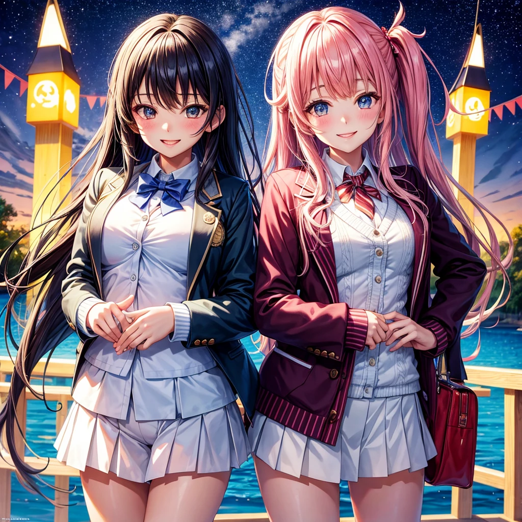 best quality,8K,masterpiece,beautiful girlゲーム,smile,two girls,One side turns its butt forward,smile,beautiful girl,leather jacket,Latest Fashion,beautiful girl,costume,light-novel,Isekai Fantasy,Magical girl,big breasts,Future fashion,uniform,blazer,mini skirt,horny girl,Ribbon on uniform,Outstanding style,multicolored clothes,Beautiful girl with psychic powers,long hair,Multicolored hair colors,highest quality,perfect face,hyper real stick,perfect girl,