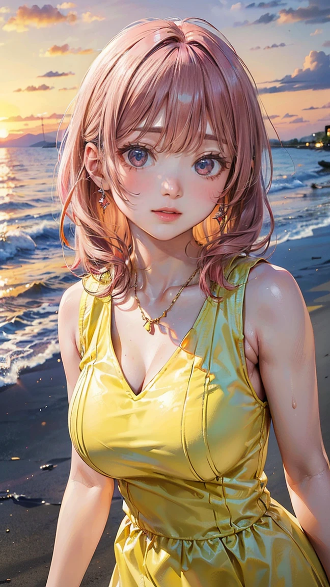 (Masterpiece, BestQuality:1.3), (ultra detailed:1.2), (hyperrealistic:1.3), (RAW photo:1.2), High detail RAW color photo, professional photograph, (Photorealistic:1.4), (realistic:1.4), professional lighting, perfect anatomy, (Big Breasts:1.2), (blush, detailed face), (cheerful Smile:1.5), Trending Hair&Trending Hairカラーをランダムに, earrings, necklace, bracelet, sexly, erotic sexly, Random sexy gravure poses, (A beautiful pink-haired woman wearing a yellow sleeveless dress、Smiling and posing sexy while walking on a summer sunset beach。:1.3)