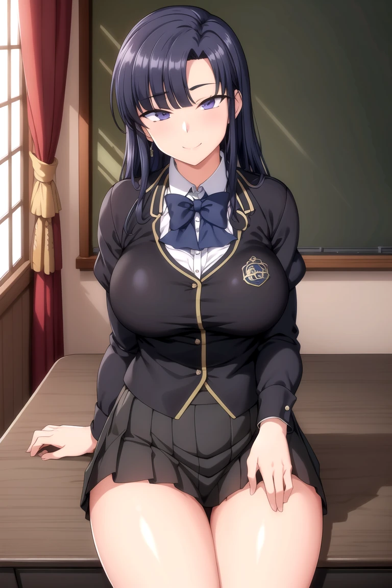 masterpiece, Highest quality, Very detailed , MyjmSkr-KJ, Black Skirt, View your viewers, smile, Pleated skirt, Collared shirt, Long sleeve, classroom、Spread your legs