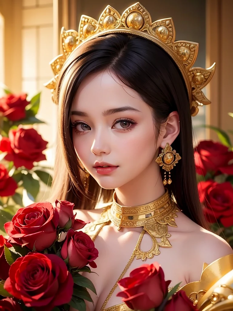 Wizard、fortune teller、Realistic semi-close portrait image of curious woman retro 60s nostalgia, Prime Time,40 years old, 35mm Female Portrait,Gold embroidery. warm color. Vivid. Realistic. magician、Carefree happy joy bokeh background. Quiet aesthetics. Soft lighting. Artistic lighting. Feminine elegance.Facing forward、Photo of your face、The background is red roses