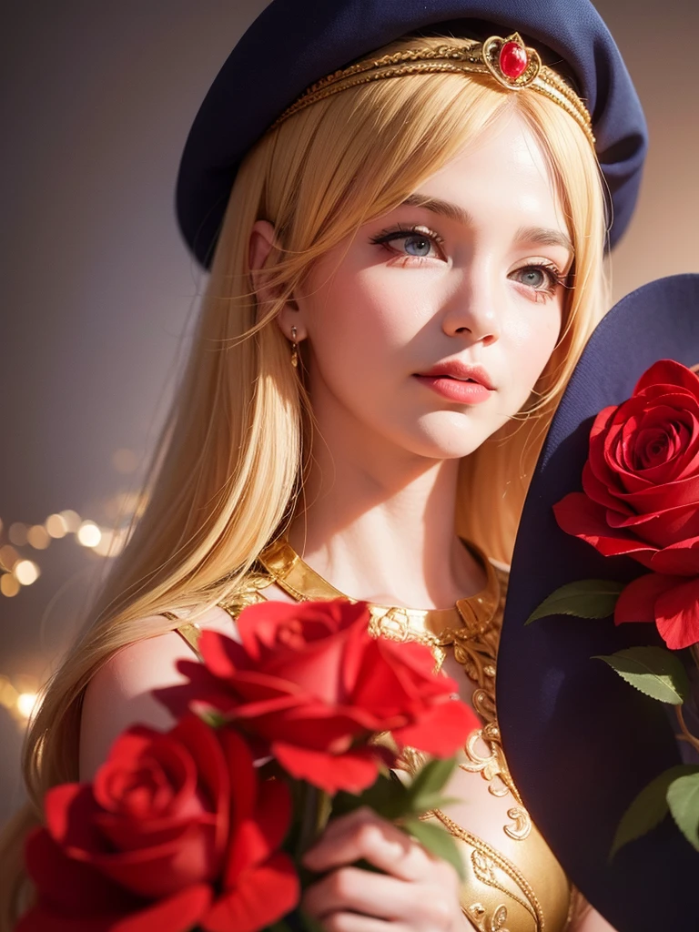 Wizard、fortune teller、Realistic semi-close portrait image of curious woman retro 60s nostalgia, Prime Time,40 years old, 35mm Female Portrait，Gold embroidery. warm color. Vivid. Realistic. magician、Carefree happy joy bokeh background. Quiet aesthetics. Soft lighting. Artistic lighting. Feminine elegance.Facing forward、Photo of your face、The background is red roses