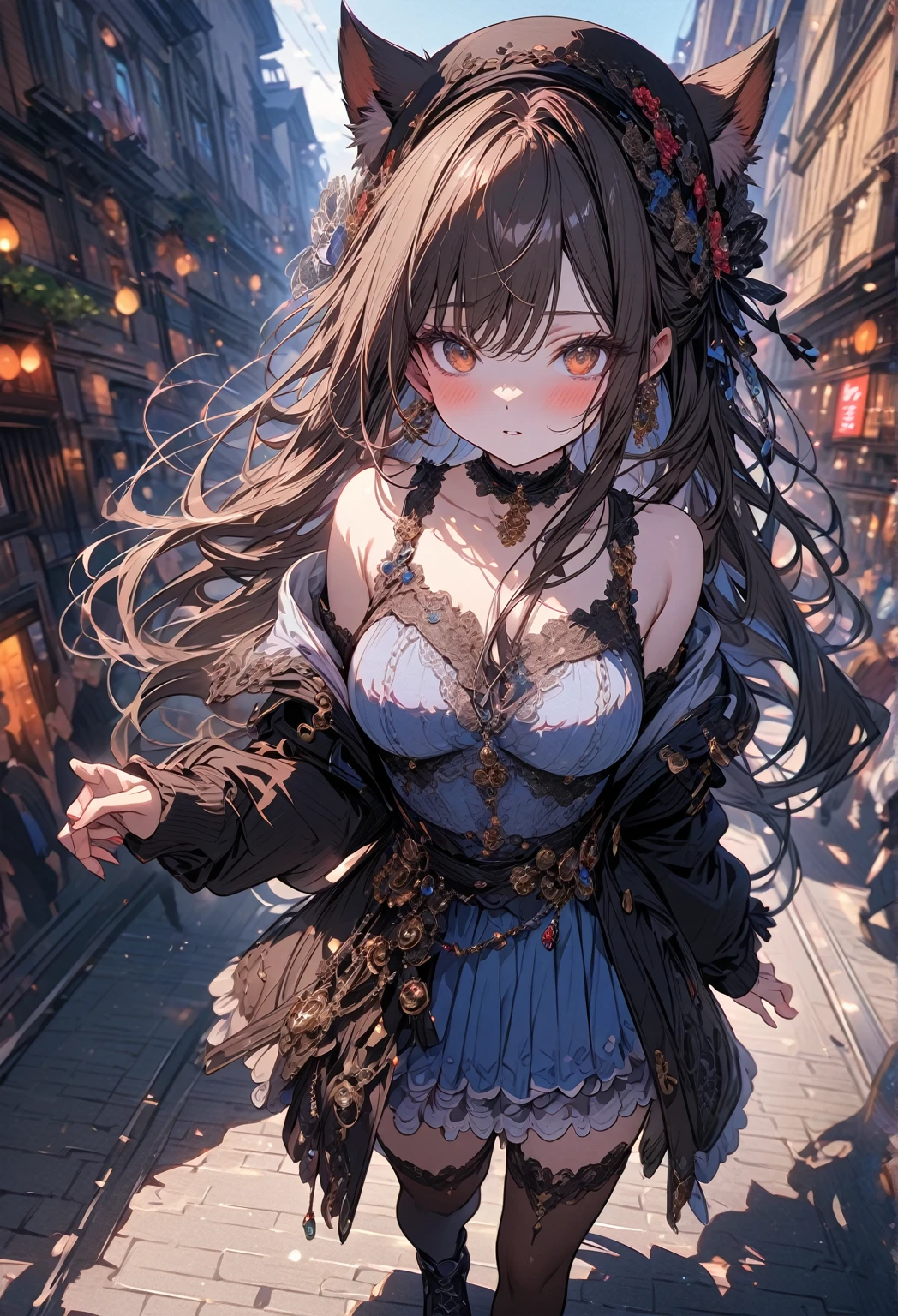 ((masterpiece:0), best quality, very aesthetic, newest, absurdres, detailed, high quality)
BREAK
highest quality, top quality, details, highres, ultra fine painting, digital art, official art, cinematic, 4k, 8k resolution, 8K CG wallpaper, CG, original artwork, detailed background, colorful background, blue atmosphere, High Dynamic Range, blurry background, blue hour, Starburst effects, crepuscular rays, good ISO, high resolution, wide shot, from far away, RAW photo, POV, sharp focus, light reflection, reflections, intricate details, soft light, particle noise, professional photography, bokeh, depth of field, natural lighting, vibrant colors, looking away, detailed lights and shadows, stylish, ultra-detailed, top rated on Pixiv, trending on Artstation, niji style, modern-days, master crafted, pose
BREAK
solo, 1girl, pale skin, correct fingers, detailed hair, (medium big breasts:1.2), big thighs, short torso, short body, flushtered, blush, anxious expression, casual, slim, ((cute, childlike face):1.3), nice hips, nice body, brown hair, (long flowing hair:1.1), big 2 buns hairstyle, long bangs, long hair, middle hair bangs, brown eyes
BREAK
((colorful outfit), off shoulder crop top, short skirt, headphone, jacket, casual cap, belts, straps, choker, gloves, boots, (stockings), garterbelt, accessories, outfit ornaments, sneakers, tummy skin, kemonomimi, 1 tail, correct tail), (((from above, close up)))
BREAK
a person walking down a street with a crowd of people, crowded street, crowded streets, in front of a large crowd, giant crowd, girl walking through city, people walking down a street
