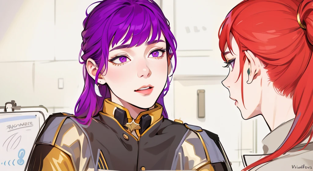 He has a black and gold jacket, pretty 17-year-old girl with violet hair, violet eyes, she is speaking with pride, pride and pride. In front of her there is a girl with red hair.