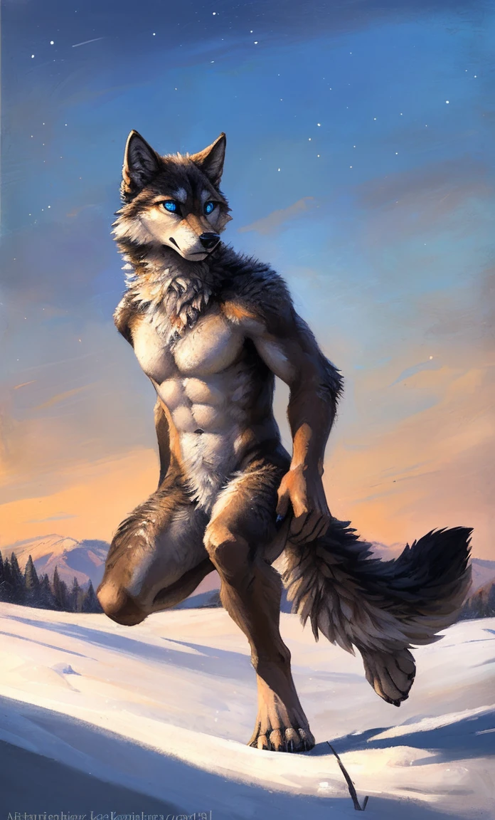 ((Solo)), male people, anthro wolf, (Multi-colored fur, White-brown:1.3，White tail pointed), (Height 2.1m,Tail length 1.5m), ((Wolf face, Big eyes, White eyelids, Blue pupil, Slim:1.2) (Tough, Calm expression:1.2)), Abs, Slim, pinging)), (Correct anatomy),  all over the body,A long big tail，Feet，(Realistic fur, Detailed fur texture, labeled:1.3)), (Natural lighting), Photorealistic, Hyperrealistic, ultradetailed, by Kenket，Snowfield，No artifacts, Running on