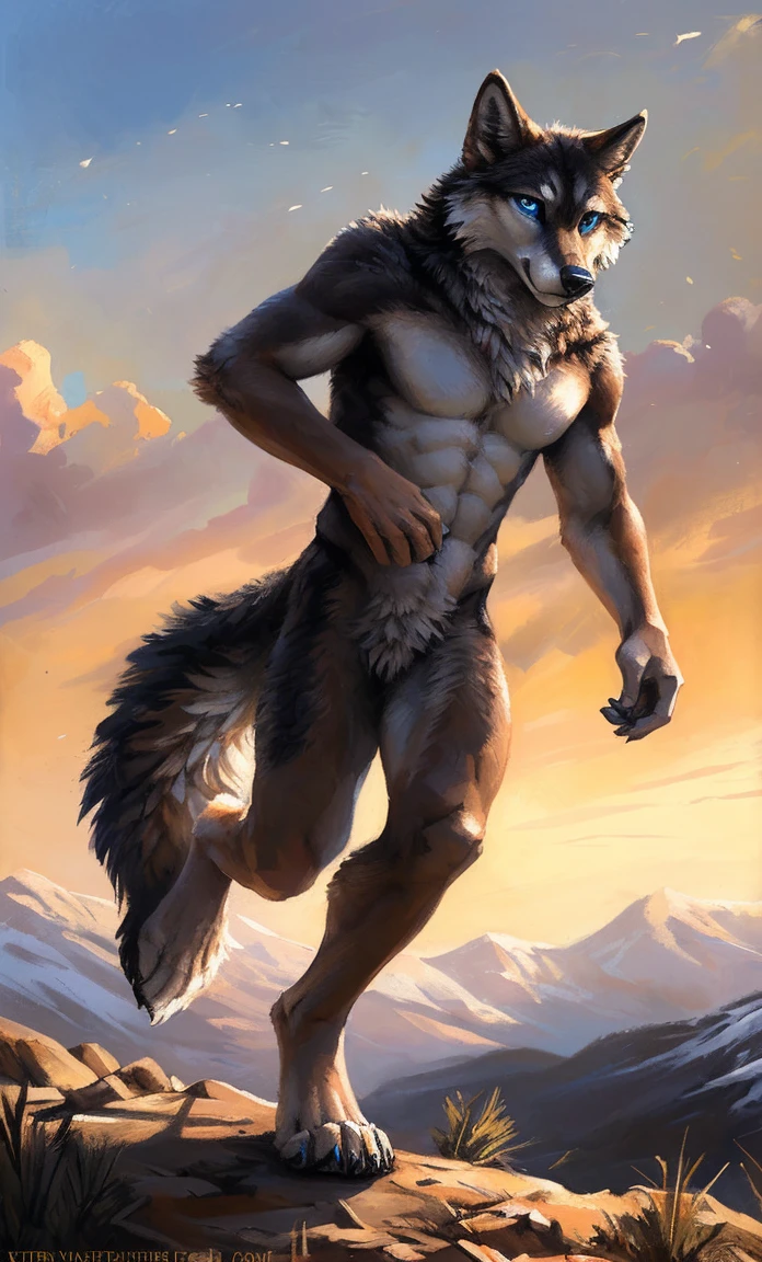 ((Solo)), male people, anthro wolf, (Multi-colored fur, White-brown:1.3,White tail pointed), (Height 2.1m,Tail length 1.5m), ((Wolf face, Big eyes, White eyelids, Blue pupil, Slim:1.2) (Tough, Calm expression:1.2)), Abs, Slim, pinging)), (Correct anatomy), Naked all over the body,A long big tail,Feet,(Realistic fur, Detailed fur texture, labeled:1.3)), (Natural lighting), Photorealistic, Hyperrealistic, ultradetailed, by Kenket,Snowfield,No artifacts, Running on
