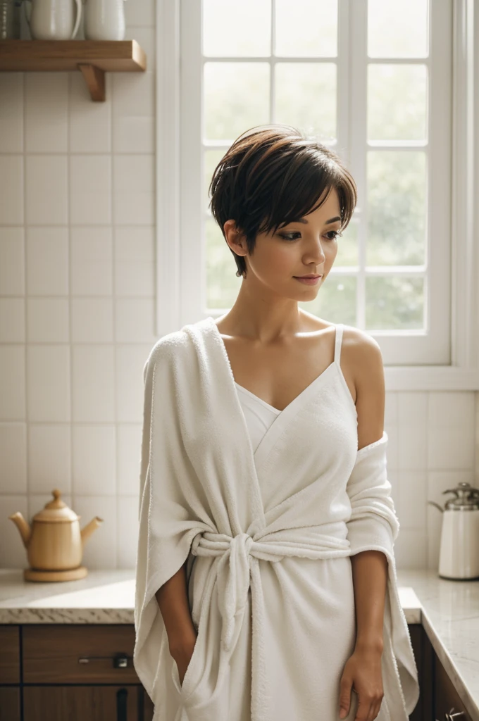 photo of, woman with pixie haircut, looking into camera, wrapped in bath towel after shower, standing in kitchen, natural morning light, fresh and rejuvenated look, moisture beads on skin, peaceful expression, intimate home setting, simplistic decor, warm steam from tea kettle, serene ambiance, soft background focus, vibrant yet soothing color palette, detailed face, comfortable and content, real-life moment captured, depth of field, 35mm