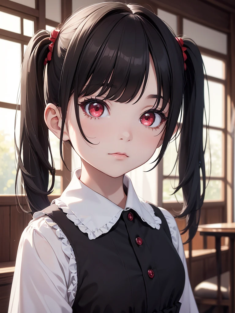 (8K, Best Quality, Masterpiece, Ultra High Resolution) Girl Toddler, Short, Beautiful Eyes, Face Details, Black Hair, Pigtails, Hair Bangs, Red Eyes, Pale Skin, Short Formal Dress, Cute Black Dress, Dimly Lit Japanese House, Masterpiece, Best Quality, Upper Body, Looking at the Viewer, Close Up
