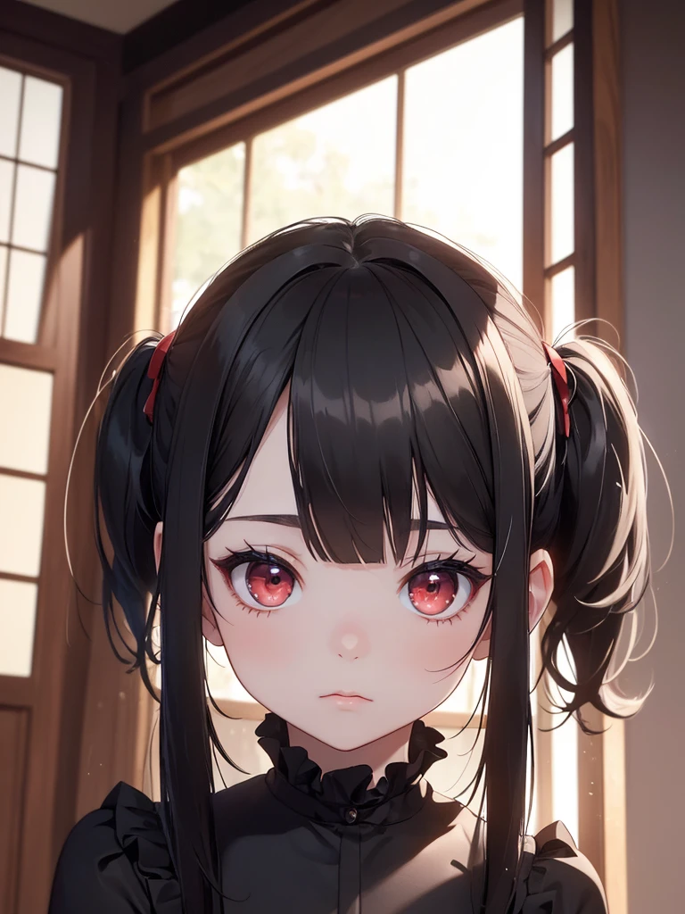(8K, Best Quality, Masterpiece, Ultra High Resolution) Girl Toddler, Short, Beautiful Eyes, Face Details, Black Hair, Pigtails, Hair Bangs, Red Eyes, Pale Skin, Short Formal Dress, Cute Black Dress, Dimly Lit Japanese House, Masterpiece, Best Quality, Upper Body, Looking at the Viewer, Close Up