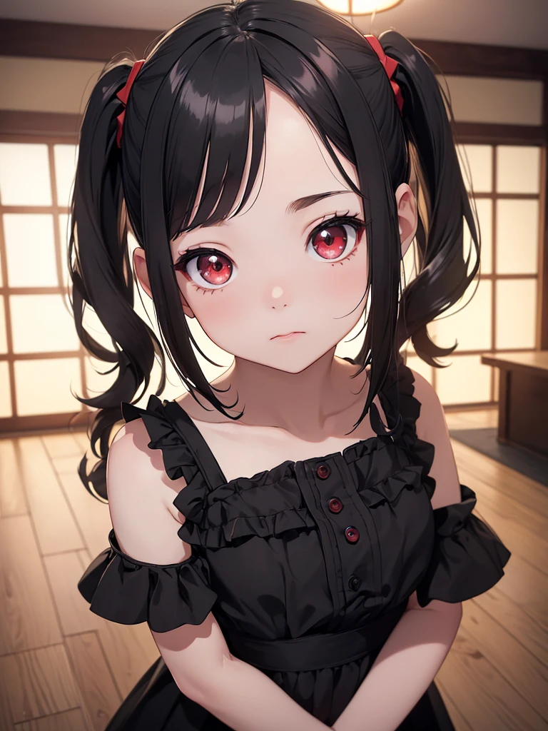 (8K, Best Quality, Masterpiece, Ultra High Resolution) Girl Toddler, Short, Beautiful Eyes, Face Details, Black Hair, Pigtails, Hair Bangs, Red Eyes, Pale Skin, Short Formal Dress, Cute Black Dress, Dimly Lit Japanese House, Masterpiece, Best Quality, Upper Body, Looking at the Viewer, Close Up