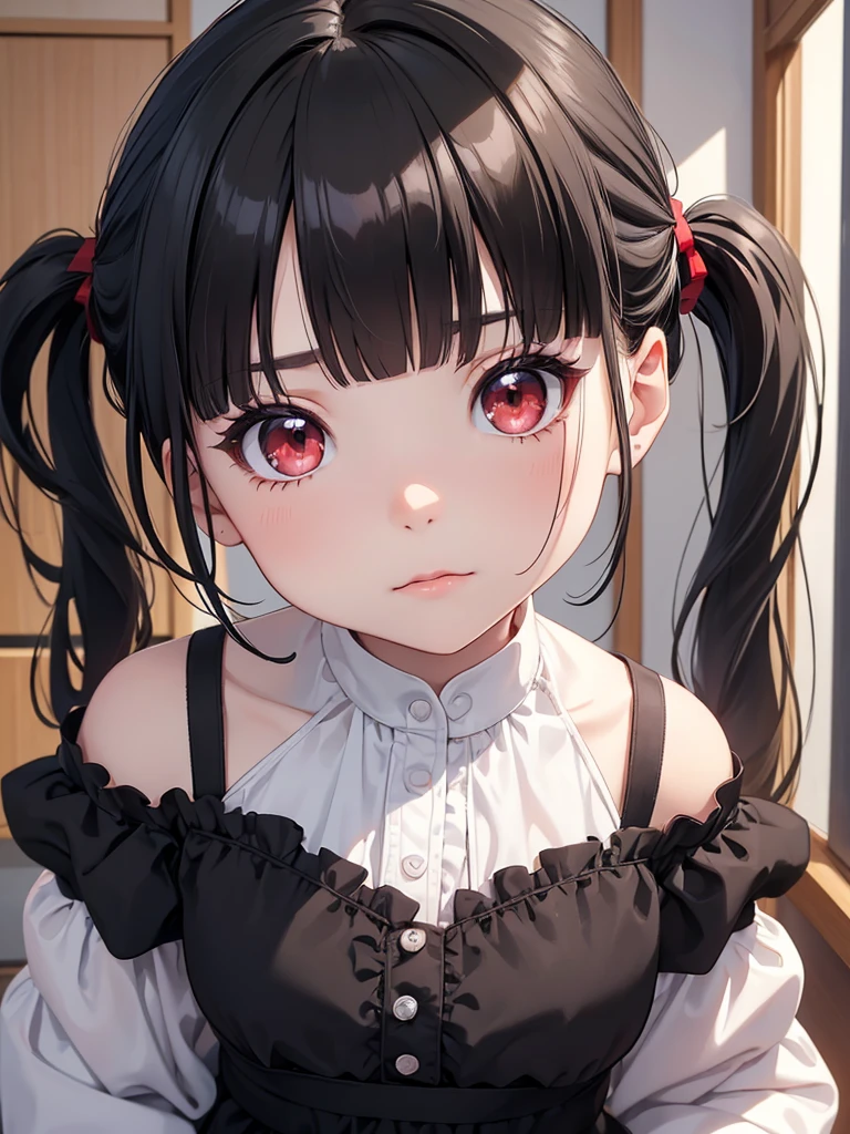 (8K, Best Quality, Masterpiece, Ultra High Resolution) Girl Toddler, Short, Beautiful Eyes, Face Details, Black Hair, Pigtails, Hair Bangs, Red Eyes, Pale Skin, Short Formal Dress, Cute Black Dress, Dimly Lit Japanese House, Masterpiece, Best Quality, Upper Body, Looking at the Viewer, Close Up