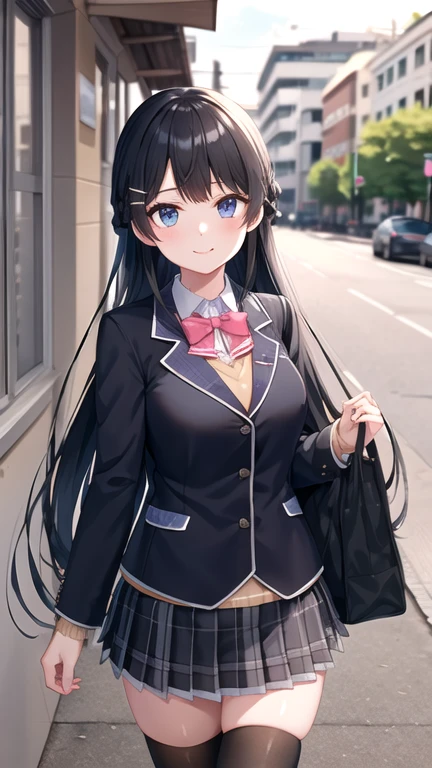 1girl, solo, tsukino mito, long hair, virtual youtuber, skirt, thighhighs, black hair, jacket, bow, blazer, black jacket, hairclip, hair ornament, white thighhighs, bangs, braid, pleated skirt, pink bow, , bowtie, very long hair, long sleeves, shirt, collared shirt, white shirt, blue eyes, pink bowtie, plaid skirt, plaid, black skirt, miniskirt, standing,  outdoors, street,