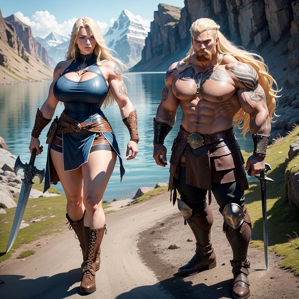 Black Viking left arm tattoo design, a full body muscular viking man, and beautiful blond woman showing big busty, muscular legs, holding big sword with right hand, brown hair divided with bangs, perfect realistic blue eyes, wearing warrior leather shoes, wearing warrior boots, lake and mountains in the background.