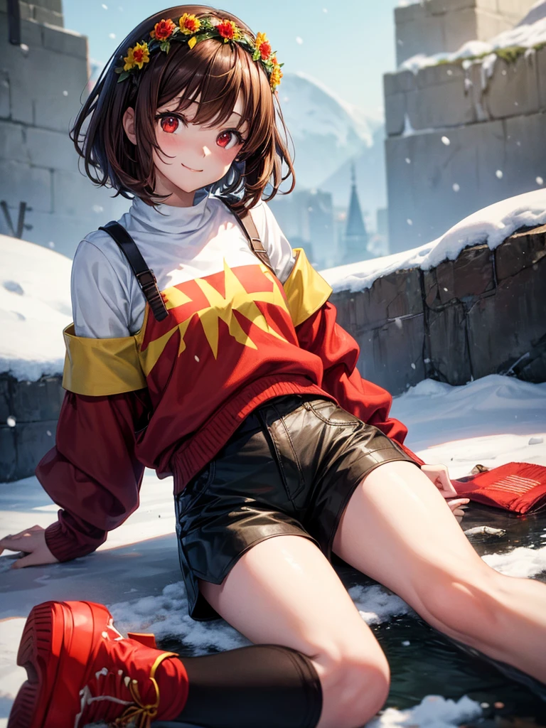 Anime, 1girl, brown hair, short hair, red eyes, green sweater, white shirt, brown shorts, red shoes, black tights, red knife, yellow flower crown, slight smile, snow,