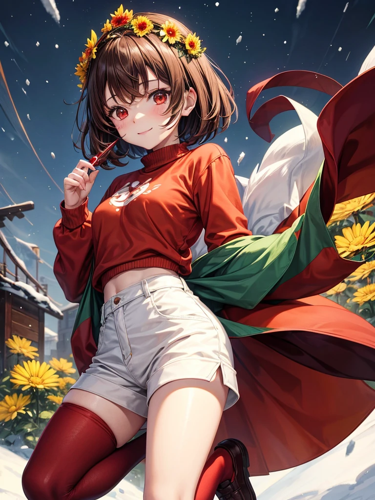 Anime, 1girl, brown hair, short hair, red eyes, green sweater, white shirt, brown shorts, red shoes, black tights, red knife, yellow flower crown, slight smile, snow,