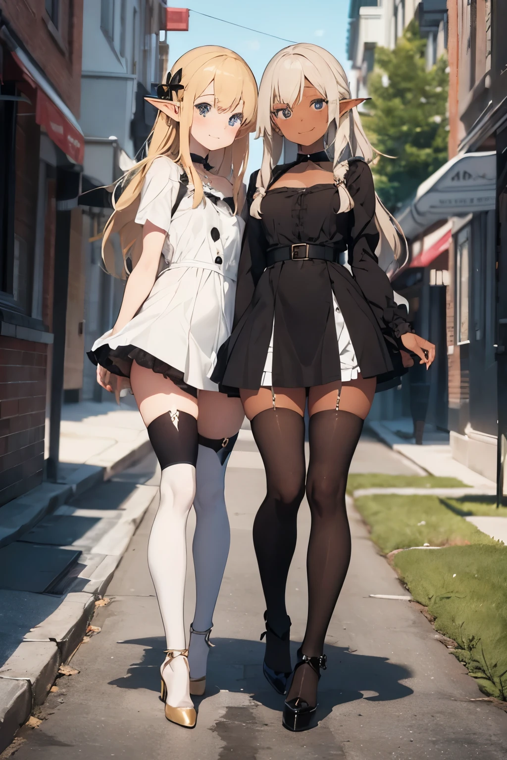 2 girls, pale skinned blonde girl, dark skinned long haired girl, elf girls, thigh highs:3.8, high heels, short dress, choker, looking at viewer, cute smile, full body, head to toes, perfect face