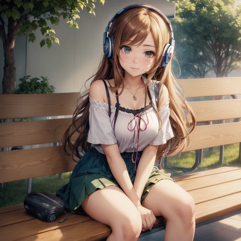 Chica anime sitting on a bench with headphones on, hermosa chica de secundaria anime, seductive Chica anime, attractive Chica anime, beautiful Chica anime, Mejor Chica Animé, pretty Chica anime, Chica animes, cute Chica anime, arte cg anime suave, Chica anime with long hair, Chica anime, young Chica anime, an Chica anime, Fondo de pantalla animado 4k