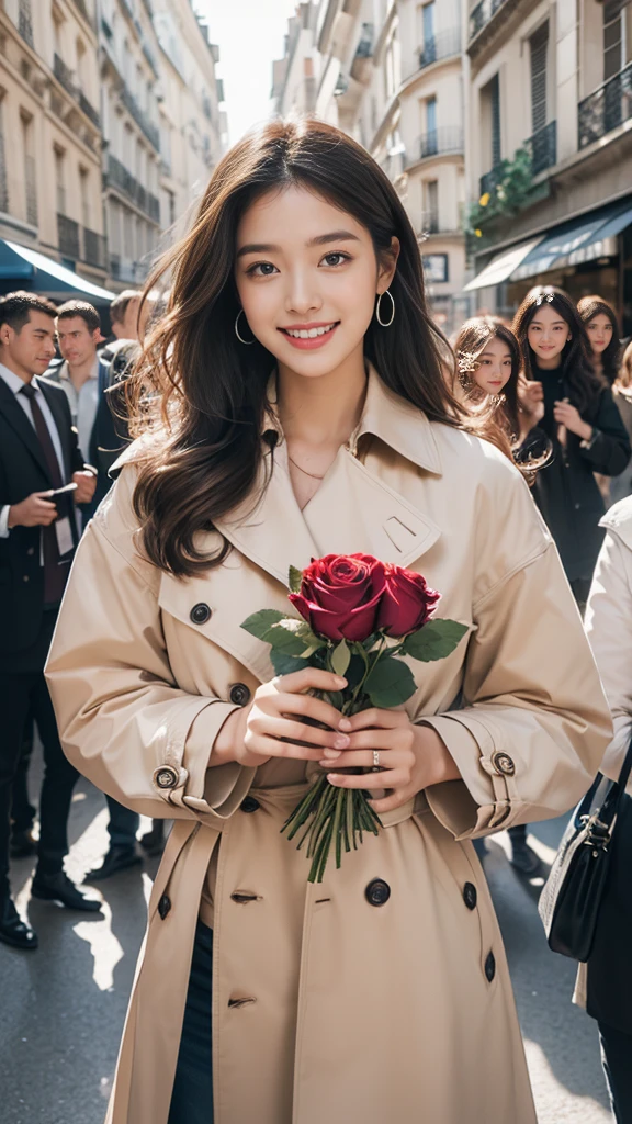 highest quality、4K、Perfect Face、Perfect Style、Sunburn、beautiful、stylish appeal、Mature、long layer curly hair、Swept-back hair、in paris 、full body, giddy smile、havin a rose bouquet 、hoop pierce、trench coat、