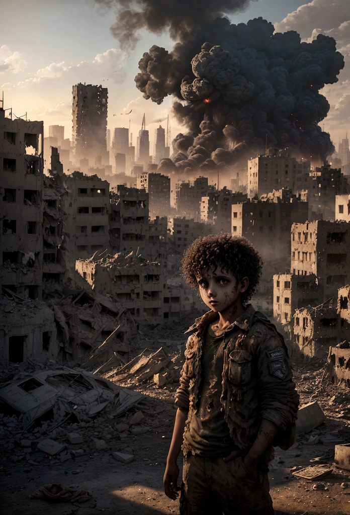 a Palestinian boy in worn, dirty clothing, dead ." messy, palestinien, curly hair, Dusty face and cloth,(( A destroyed city in the background, feu, cadavre humain sur le sol, certaines personnes pleurent, Destroyed building)), hyper detailed, Couleur dynamique, nuance noire et grise, Super Emotional Image, against a dark and haunting backdrop and surrounded by swirling black smoke.