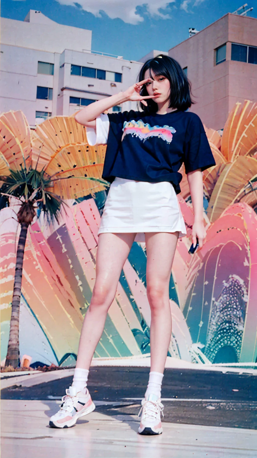 1 girl, beautiful, ((black bob hair)), almond eye, olive skin,no makeup, blank white tshirt, ((oversized_untucked tshirt)), peach tennis skirt,pose in front of ((80's architecture colorful motel)),(from below:1.2), (realistic:1.1), (surreal:1.2), (very detailed:1.1), ((masterpiece)),summer, blue sky, palm trees,sunny, los angles vibes