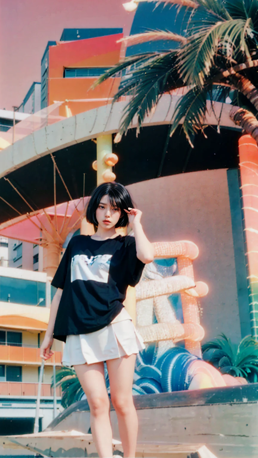 1 girl, beautiful, ((black bob hair)), almond eye, olive skin,no makeup, blank white tshirt, ((oversized_untucked tshirt)), peach tennis skirt,pose in front of ((80's architecture colorful motel)),(from below:1.2), (realistic:1.1), (surreal:1.2), (very detailed:1.1), ((masterpiece)),summer, blue sky, palm trees,sunny, los angles vibes