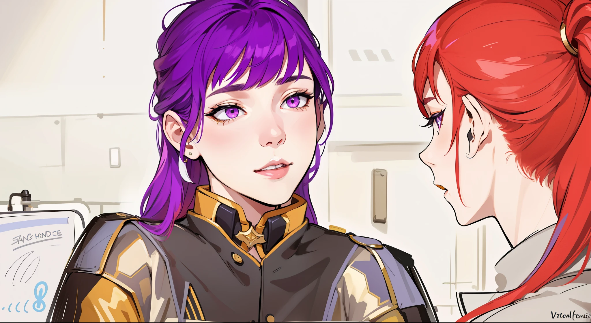 He has a black and gold jacket, pretty 17-year-old girl with violet hair, violet eyes, she is speaking with pride, pride and pride. In front of her there is a girl with red hair.