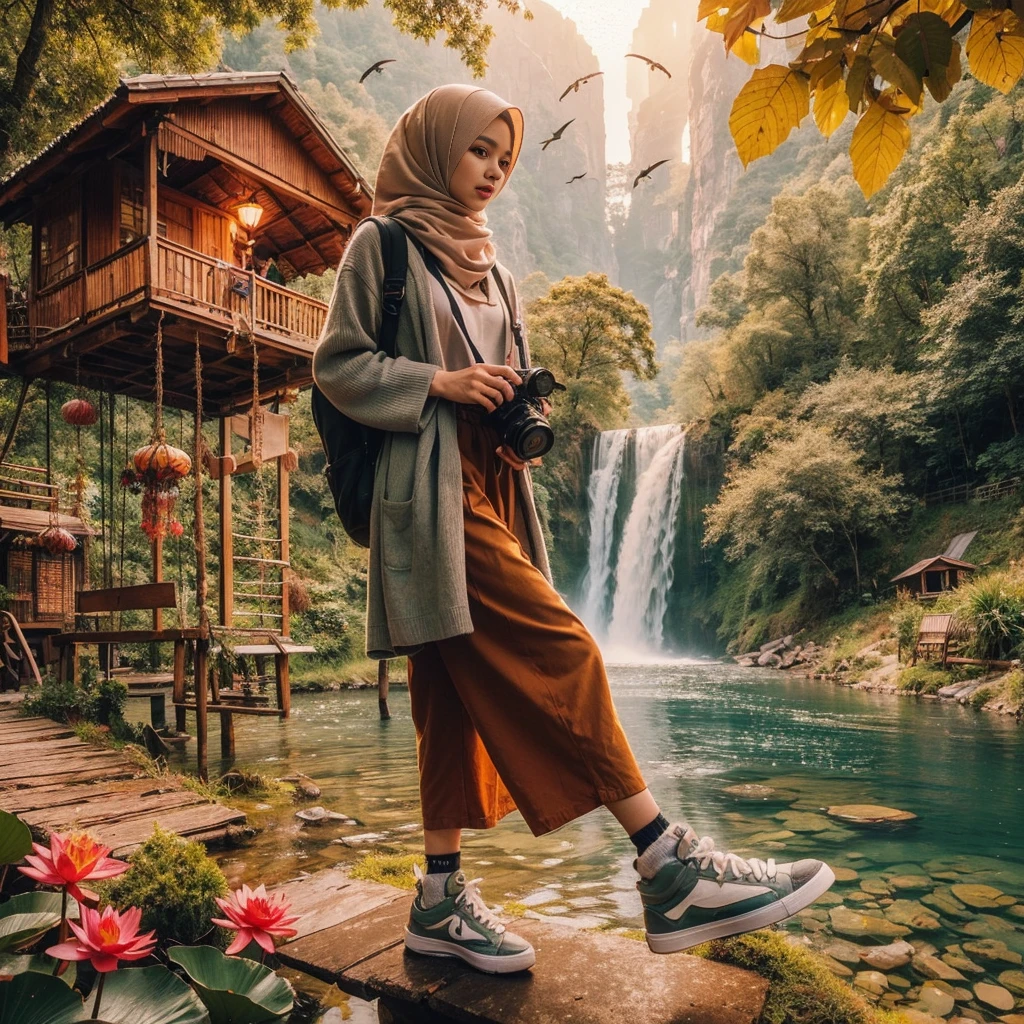 make an original photo of a beautiful young Malay woman with a clean and soft face,Wear long clothes ,casual pants ,Hijab , wearing sneakers ,standing pose /walking full body while holding the camera 📷,beautiful natural scenery background, river, waterfall , log cabin, bridge,river air bening ,there are green plants,flower ,red betel plant, Lotus , there is a swing ,flying bird, realistis HD high-quality photography, high focus, long shoot cinematic,32k.