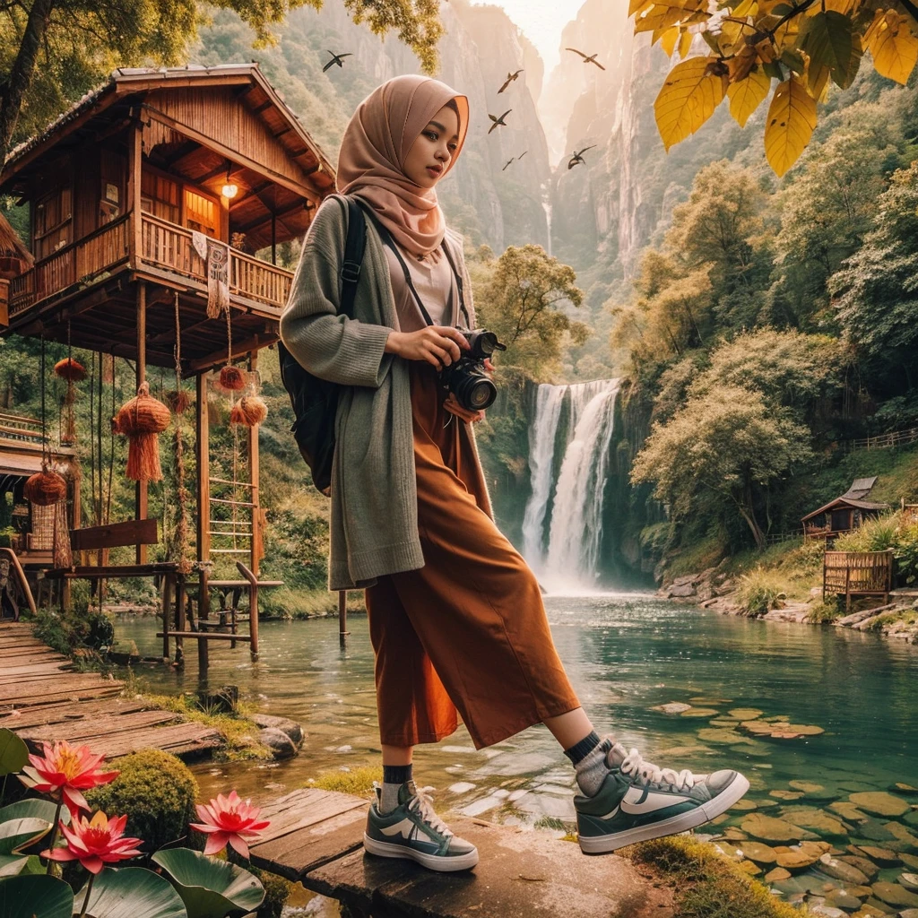 make an original photo of a beautiful young Malay woman with a clean and soft face,Wear long clothes ,casual pants ,Hijab , wearing sneakers ,standing pose /walking full body while holding the camera 📷,beautiful natural scenery background, river, waterfall , log cabin, bridge,river air bening ,there are green plants,flower ,red betel plant, Lotus , there is a swing ,flying bird, realistis HD high-quality photography, high focus, long shoot cinematic,32k. 