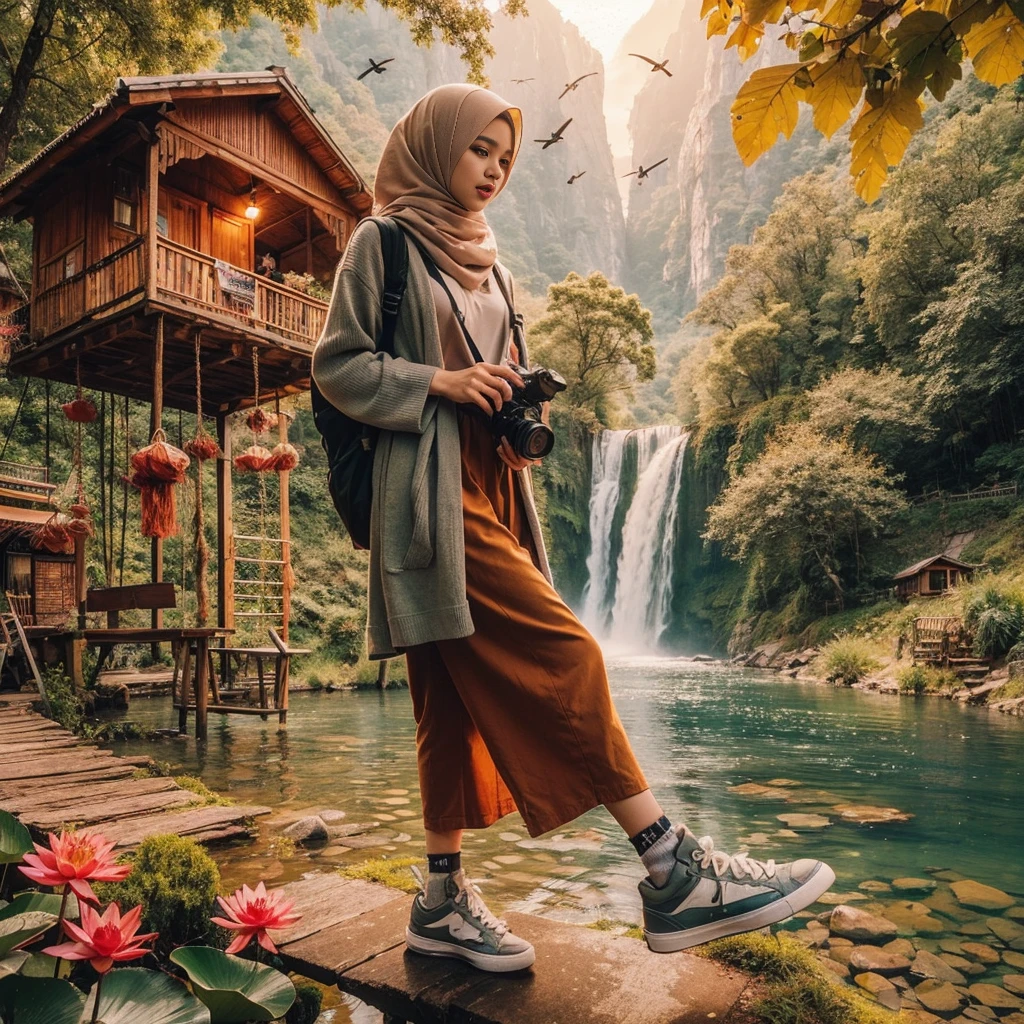 make an original photo of a beautiful young Malay woman with a clean and soft face,Wear long clothes ,casual pants ,Hijab , wearing sneakers ,standing pose /walking full body while holding the camera 📷,beautiful natural scenery background, river, waterfall , log cabin, bridge,river air bening ,there are green plants,flower ,red betel plant, Lotus , there is a swing ,flying bird, realistis HD high-quality photography, high focus, long shoot cinematic,32k. 