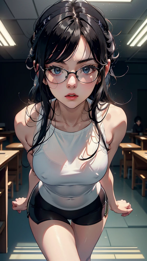 whole body, entire body, full body, total body, standing, upright stance, erect posture, head and toes, simple background, anime style 4k, 20-years-old beautiful female, black rim glasses, wearing white headphones, black hair, Easy-to-move costume, midsummer fashion, Midsummer loungewear, civilian clothes, intellectual atmosphere, knowledge, scholarship, enthusiasm, front of whole body, immersion, concentration, sense of accomplishment, cinematic lighting, masterpiece, top quality, 4K, academic atmosphere, (masterpiece), (best quality), ultra-high res, sharp focus