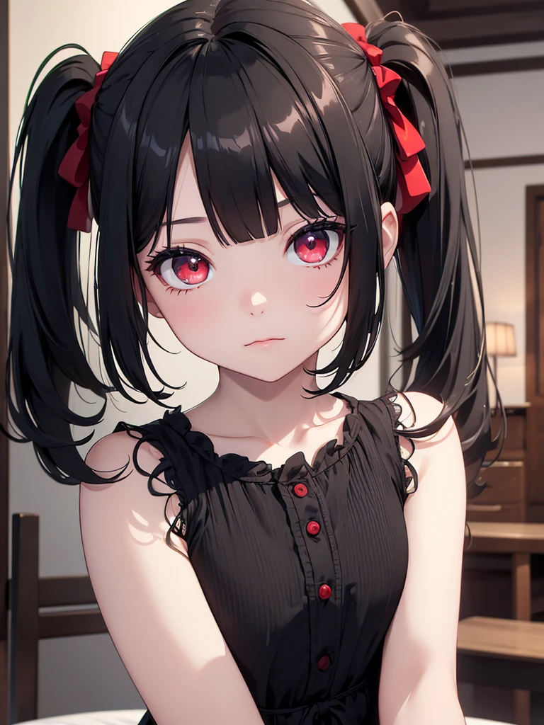 (8K, Best Quality, Masterpiece, Ultra High Resolution) Girl Toddler, Short, Beautiful Eyes, Face Details, Black Hair, Pigtails, Hair Bangs, Red Eyes, Pale Skin, Short Formal Dress, Cute Black Dress, Dimly Lit Japanese House, Masterpiece, Best Quality, Upper Body, Looking at the Viewer, Close Up