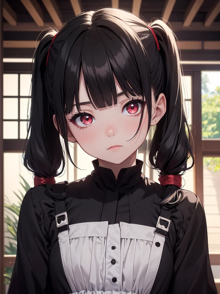 (8K, Best Quality, Masterpiece, Ultra High Resolution) Girl Toddler, Short, Beautiful Eyes, Face Details, Black Hair, Pigtails, Hair Bangs, Red Eyes, Pale Skin, Short Formal Dress, Cute Black Dress, Dimly Lit Japanese House, Masterpiece, Best Quality, Upper Body, Looking at the Viewer, Close Up