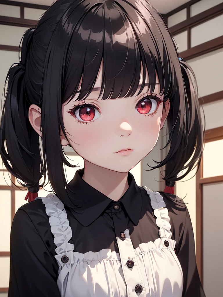 (8K, Best Quality, Masterpiece, Ultra High Resolution) Girl Toddler, Short, Beautiful Eyes, Face Details, Black Hair, Pigtails, Hair Bangs, Red Eyes, Pale Skin, Short Formal Dress, Cute Black Dress, Dimly Lit Japanese House, Masterpiece, Best Quality, Upper Body, Looking at the Viewer, Close Up