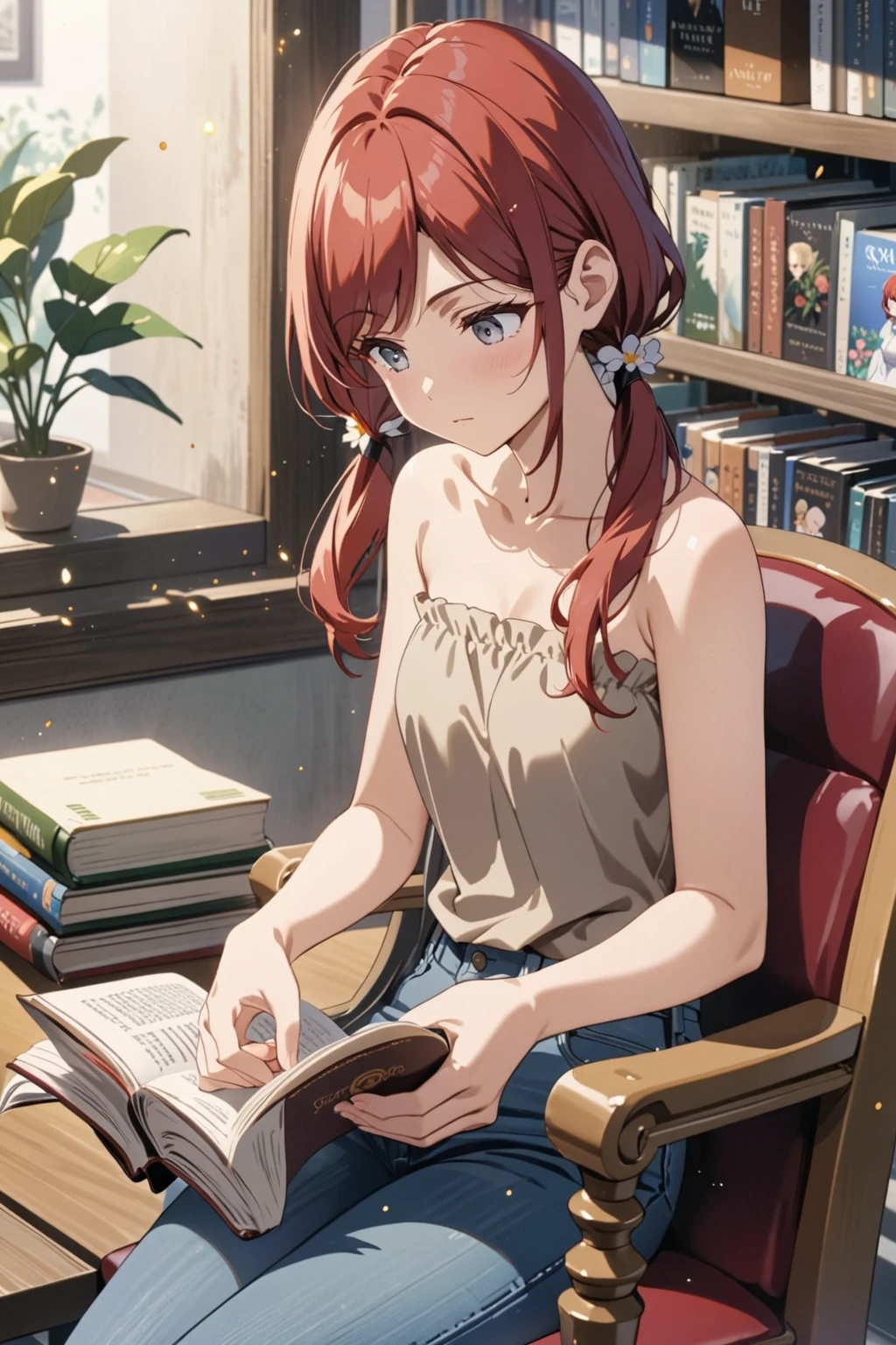 Highest Quality, masterpiece, light particles, gray eyes, red hair in low twin tails, swept bangs, stoic, looking at flowers, strapless white top, jeans, black boots, reading book, looking down at book in lap, sitting in chair, people in background, anime