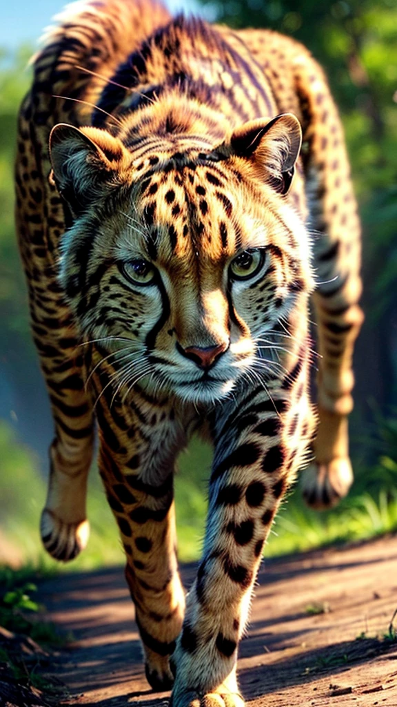 cheetah running through savannah, highly detailed, cinematic lighting, ultra realistic, 8k, photorealistic, extremely detailed fur, beautiful detailed eyes, beautiful detailed nose and mouth, muscular body, powerful movement, blurred background, golden hour lighting, warm color tones, dramatic shadows, natural environment, lush vegetation, blue sky with clouds