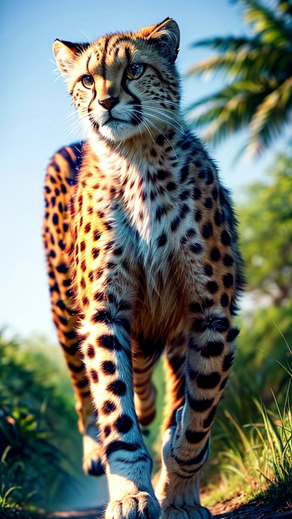 cheetah running through savannah, highly detailed, cinematic lighting, ultra realistic, 8k, photorealistic, extremely detailed fur, beautiful detailed eyes, beautiful detailed nose and mouth, muscular body, powerful movement, blurred background, golden hour lighting, warm color tones, dramatic shadows, natural environment, lush vegetation, blue sky with clouds