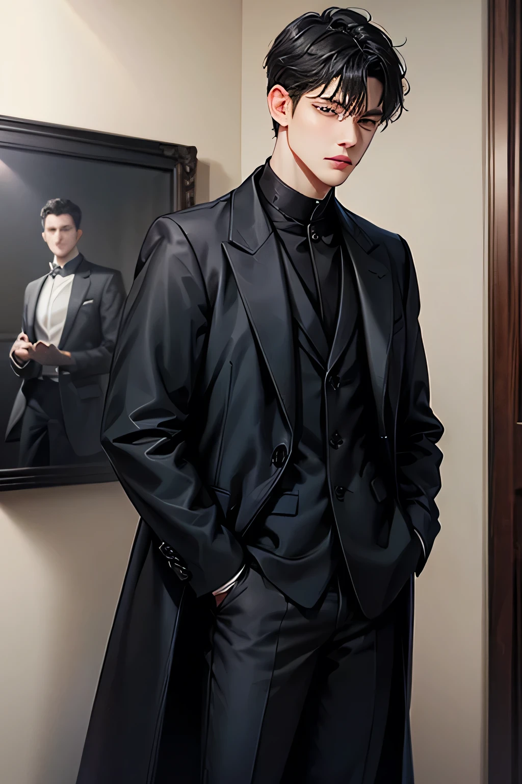 solo, 1boy, male_focus, black_hair, hand_in_pocket, pants, coat, realistic, black_coat, standing, indoors, closed_mouth, long_sleeves, short_hair, black_pants, open_clothes