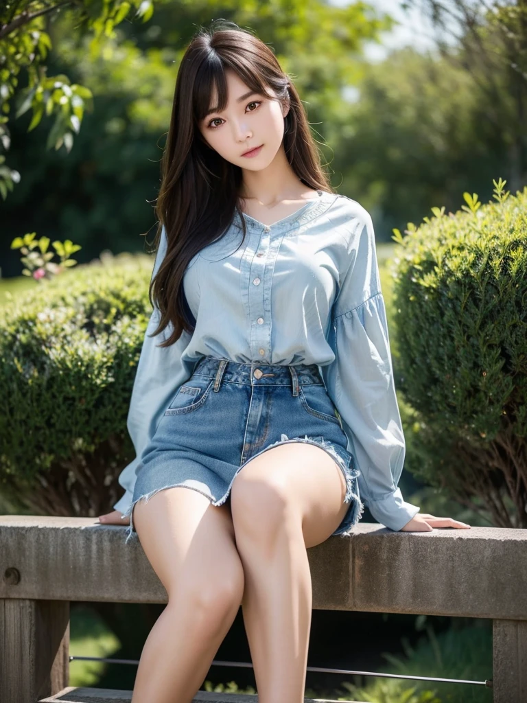 Denim skirt 、blouse、(Highest quality)、((Very detailed))、4K、(8K)、masterpiece、Super detailed、Highest quality、Super Resolution、One person、Kind Face、Soft Light、Raw quality、Soft Skin、Heel、Thighs、163cm、bouquet:1.5