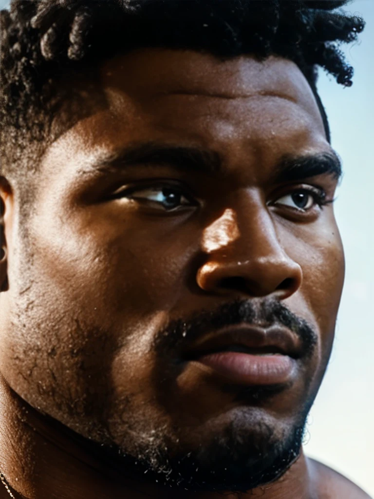 extreme close-up, close-up on face, solo, black male, 24yo strongman, confident, beefy, thick lips (curly, shaved), romantic, handsome, (sharp focus, soft lighting, film photography, photorealistic, hyperreal),