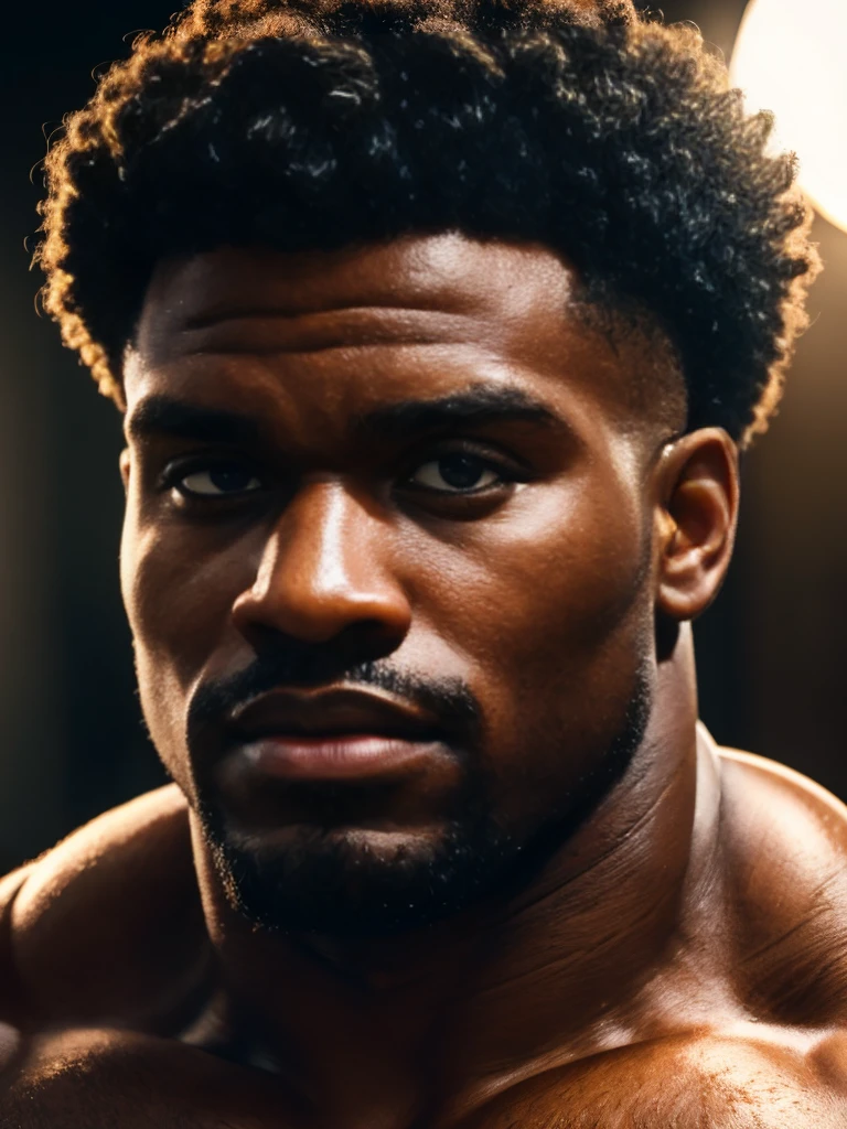 extreme close-up, close-up on face, solo, black male, 24yo strongman, confident, beefy, thick lips (curly, shaved), romantic, handsome, (sharp focus, soft lighting, film photography, photorealistic, hyperreal),