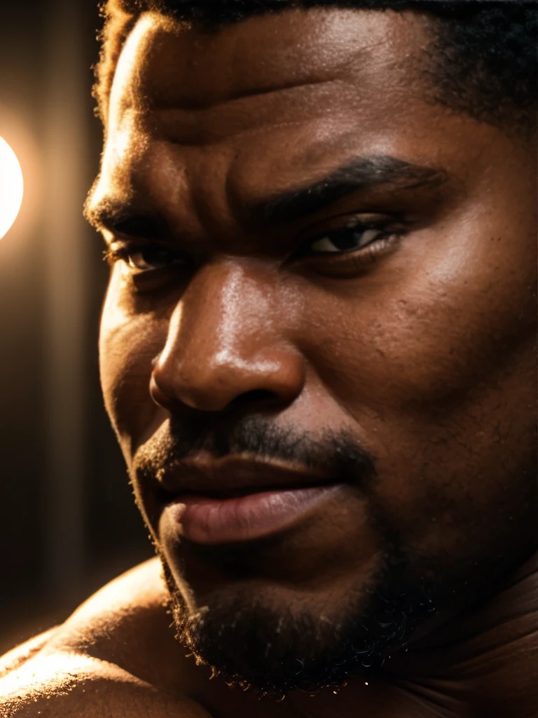 extreme close-up, close-up on face, solo, black male, 24yo strongman, confident, beefy, thick lips (curly, shaved), romantic, handsome, (sharp focus, soft lighting, film photography, photorealistic, hyperreal),