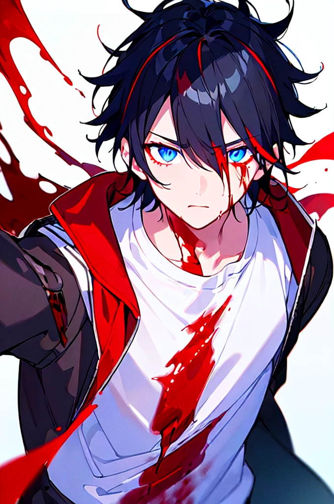 [(WHITE BACKGROUND:1.5),::5], ((((masterpiece)))), high quality, ultra very high resolution, full color, (((solo))), ((little boy)), black hair, ((red streaked hair)), blue eyes, anime, ((upper body)), neon light, black parka, (flame effect:1.2), (blood effect:1.5)