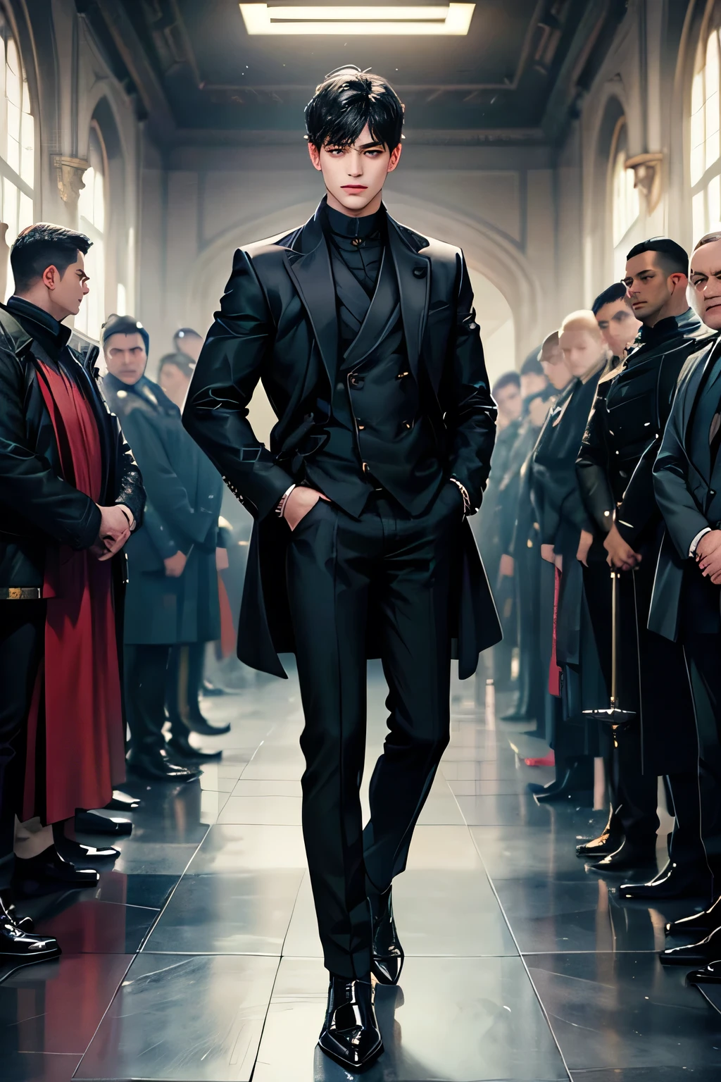 solo, 1boy, male_focus, black_hair, hand_in_pocket, pants, coat, realistic, black_coat, standing, indoors, closed_mouth, long_sleeves, short_hair, black_pants, open_clothes