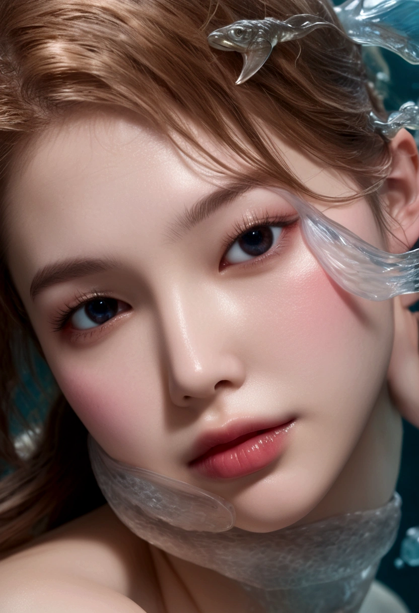A mermaid covered entirely in a thin membrane、Highest quality、Mermaids kissing and fusing、resident evil、Horror taste、Covered by a translucent amniotic sac、Smooth clear skin and feet、born々Fresh fish fins