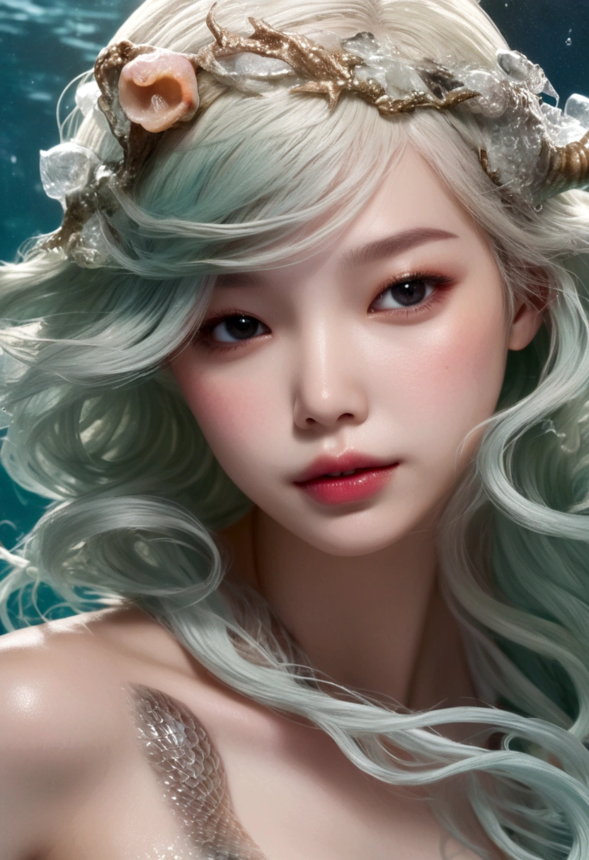 A mermaid covered entirely in a thin membrane、Highest quality、Mermaids kissing and fusing、resident evil、Horror taste、Covered by a translucent amniotic sac、Smooth clear skin and feet、born々Fresh fish fins